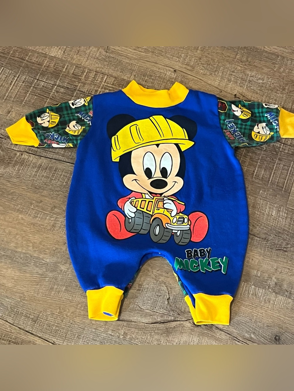 Disney babies vintage Blue & Yellow Mickey Construction truck romper 6-9 mo